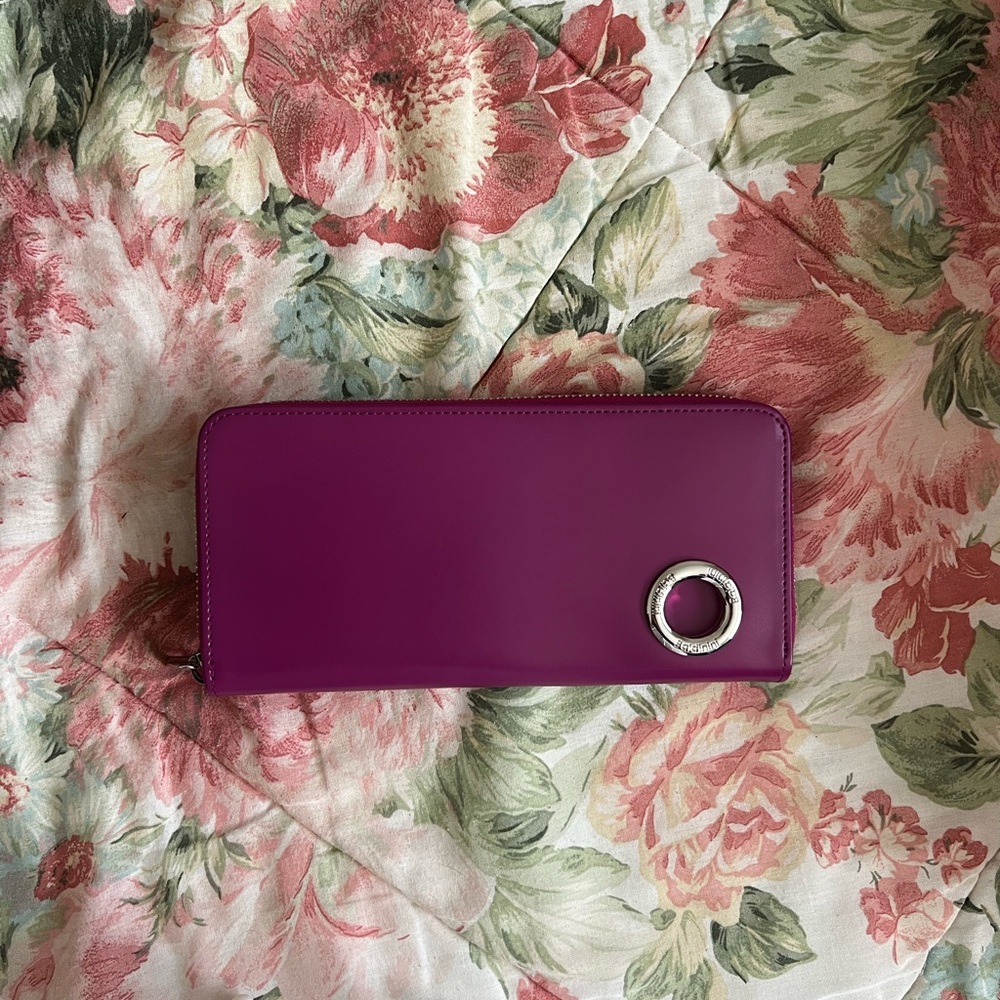 Baldinini Magenta Purple Leather Zip Around Wallet with Silver Ring Detail
